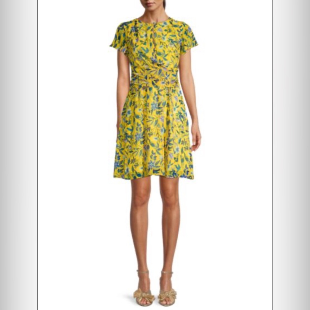 Sam Edelman Bright Yellow Floral Wrap Waist Knee Length Fully Lined Dres…